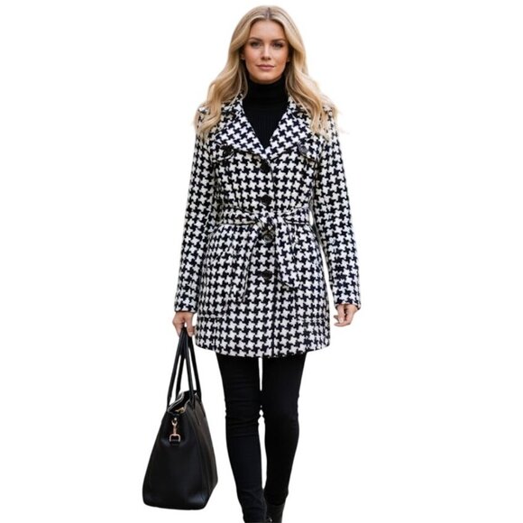 Me Jane Houndstooth Trench Coat Jacket Size S Wool Blend Black White - Picture 1 of 10